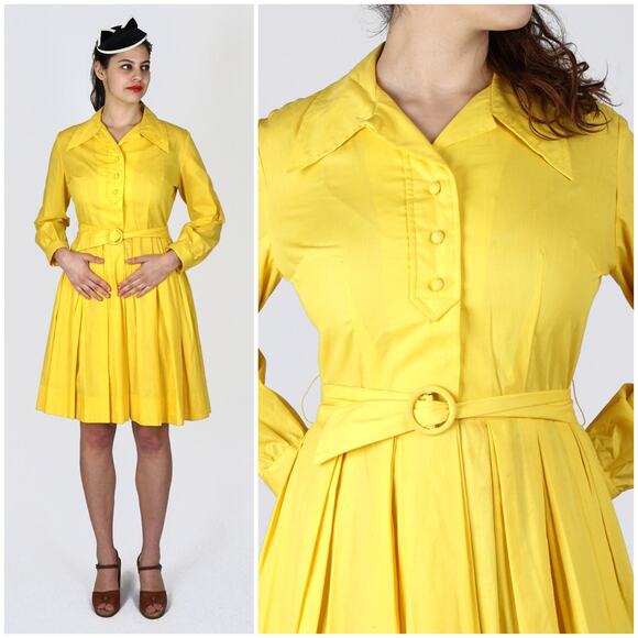 Vintage 50's/60's Yellow Belted Shirt-Waist Day Dress by Jane Bradley | M/L - Picture 1 of 5